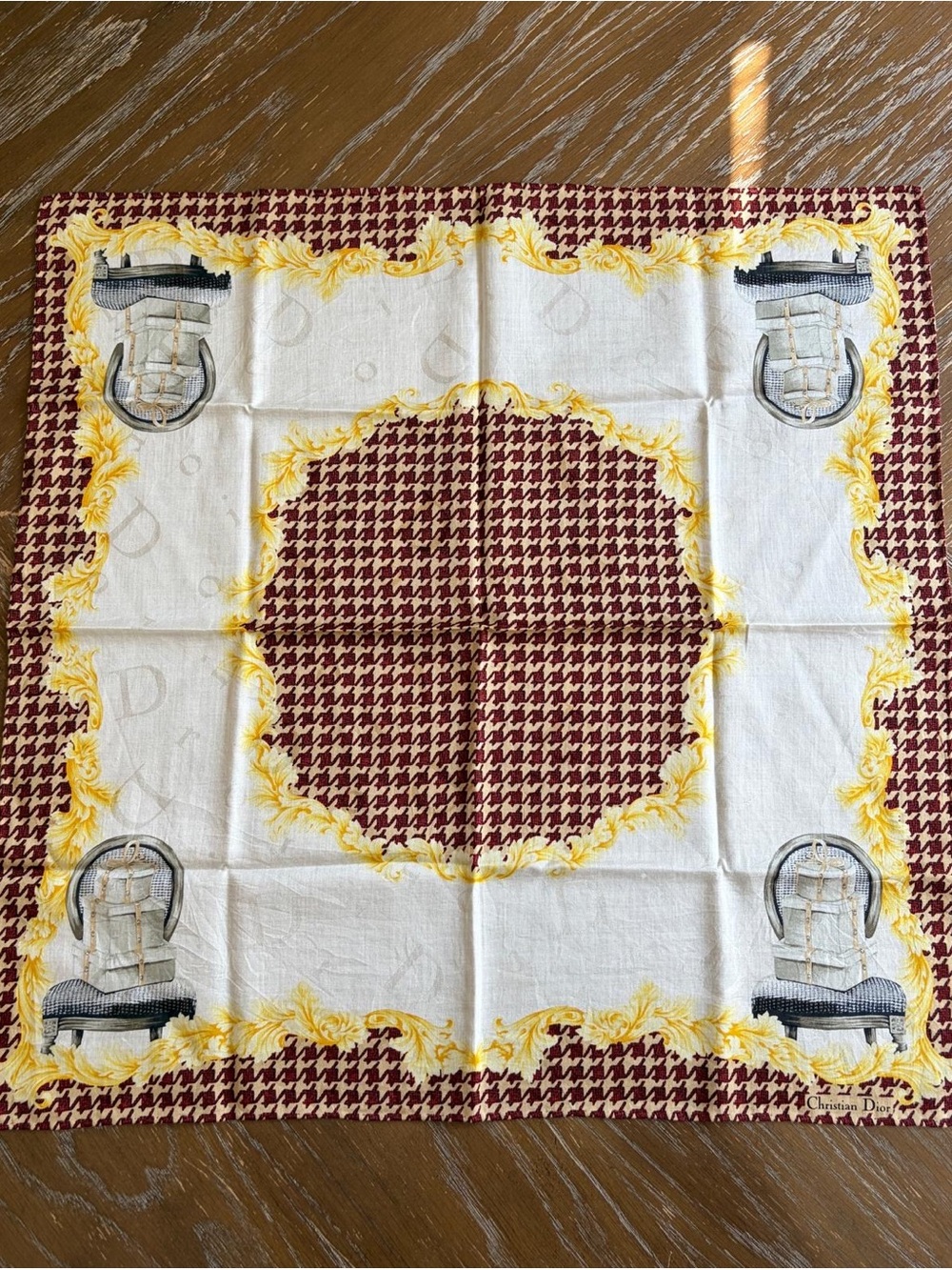 Christian Dior White Cotton Scarf Scarves Pocket Square 18” x 18” Hand Rolled
